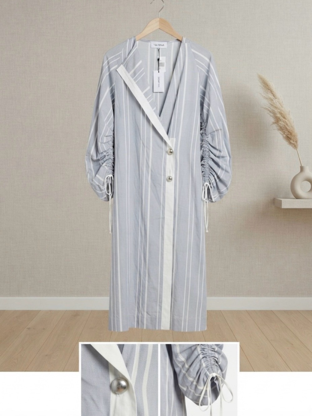 YIGAL AZROUEL Gray and White Vertical Stripe Dress. Size 12 NWT